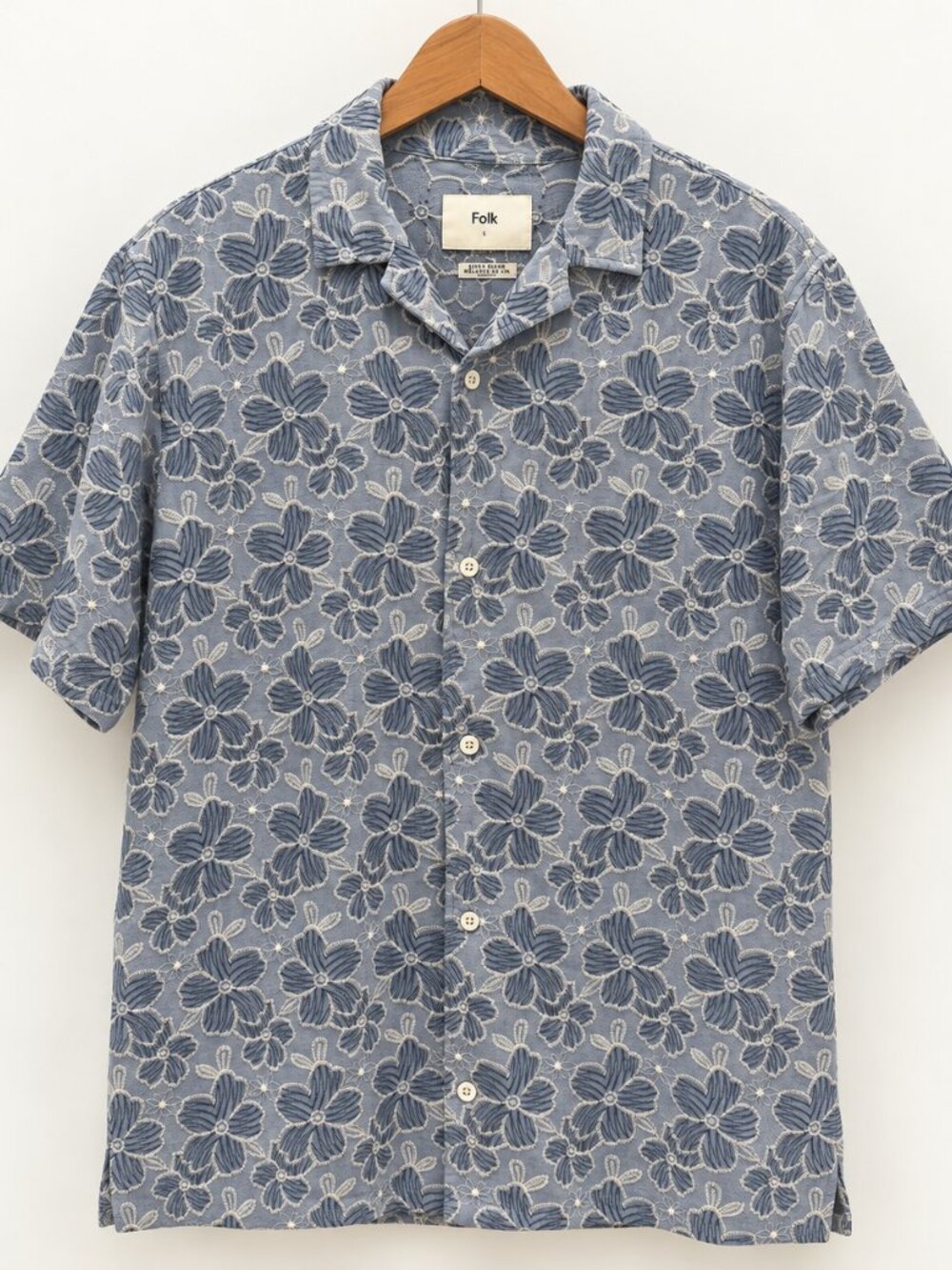 Folk Men’s Large Blue Floral Embroidered Linen Blend Short Sleeve Shirt